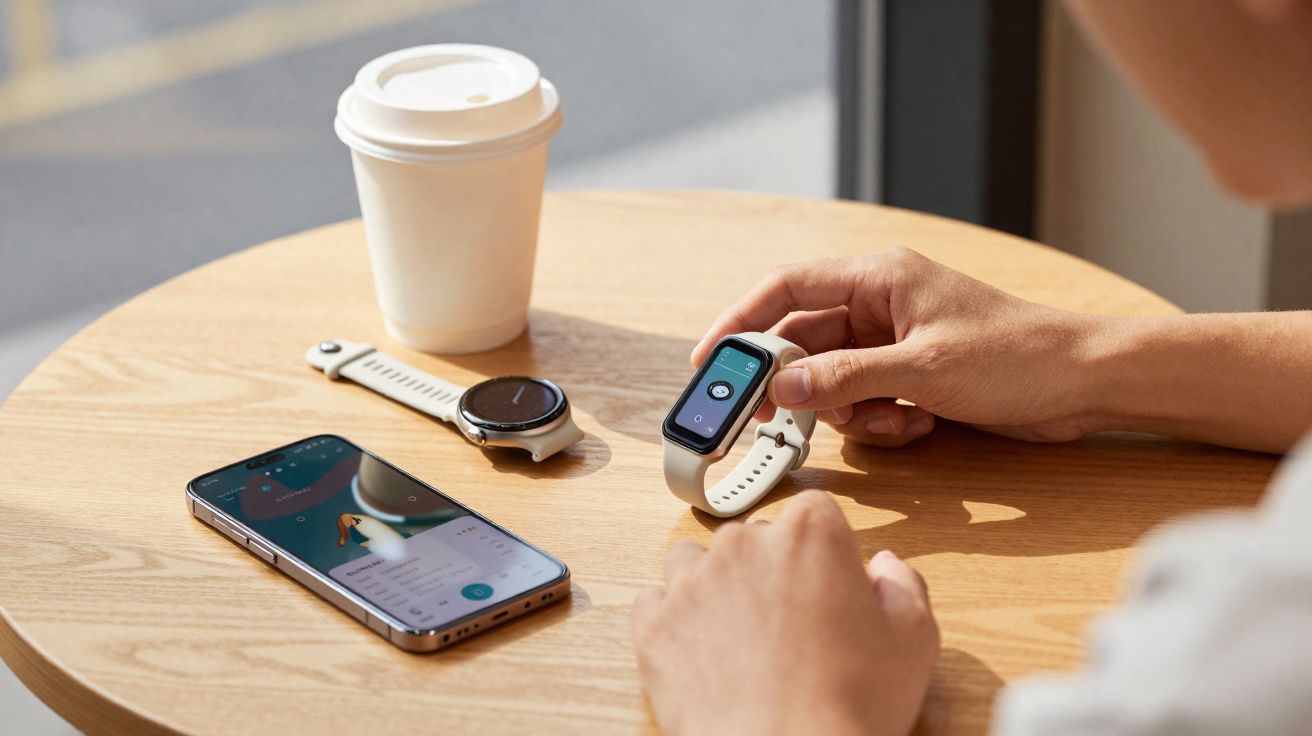 Pessoa segurando relógio inteligente com outro relógio, celular e copo de café sobre mesa de madeira.