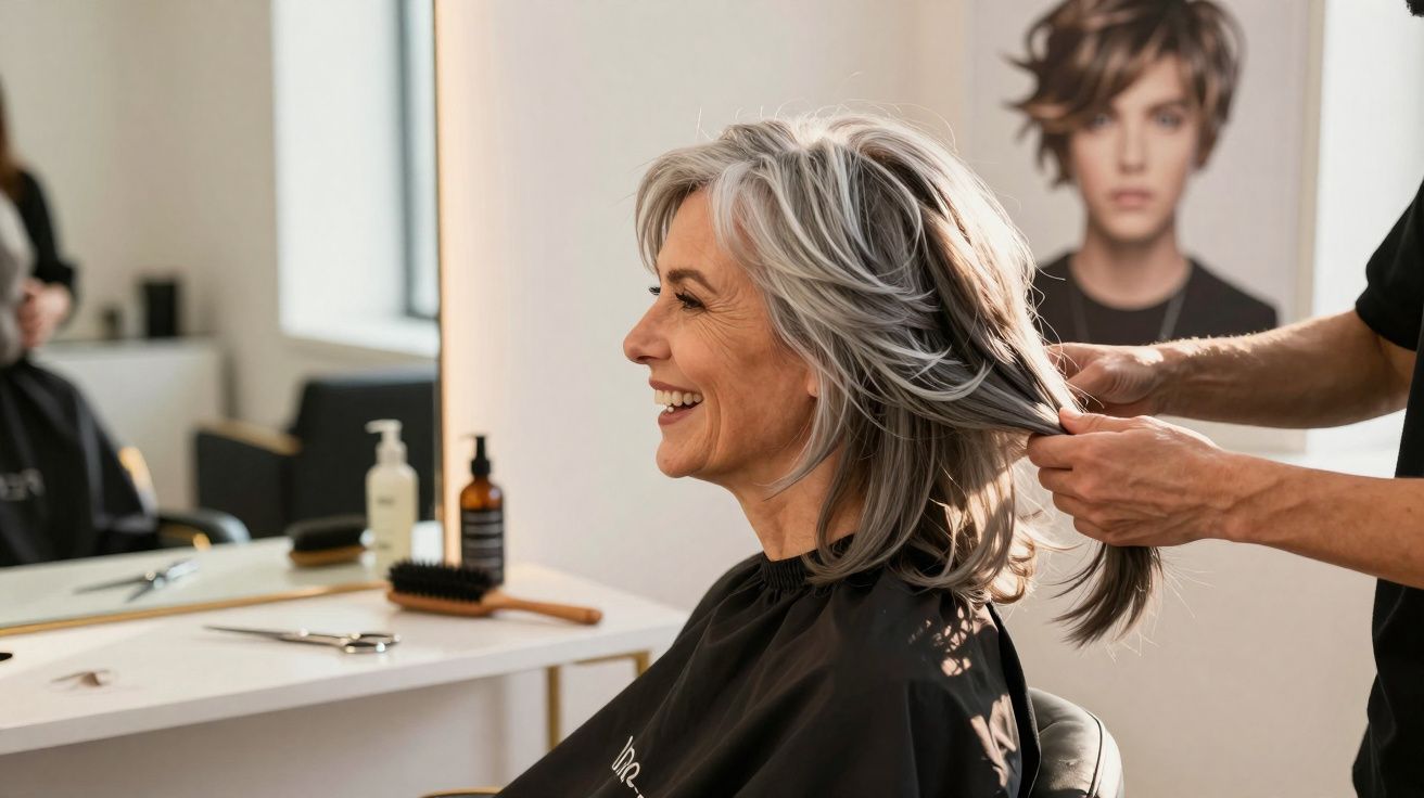 Mulher sorridente com cabelos grisalhos sendo penteada em salão de beleza moderno e iluminado.