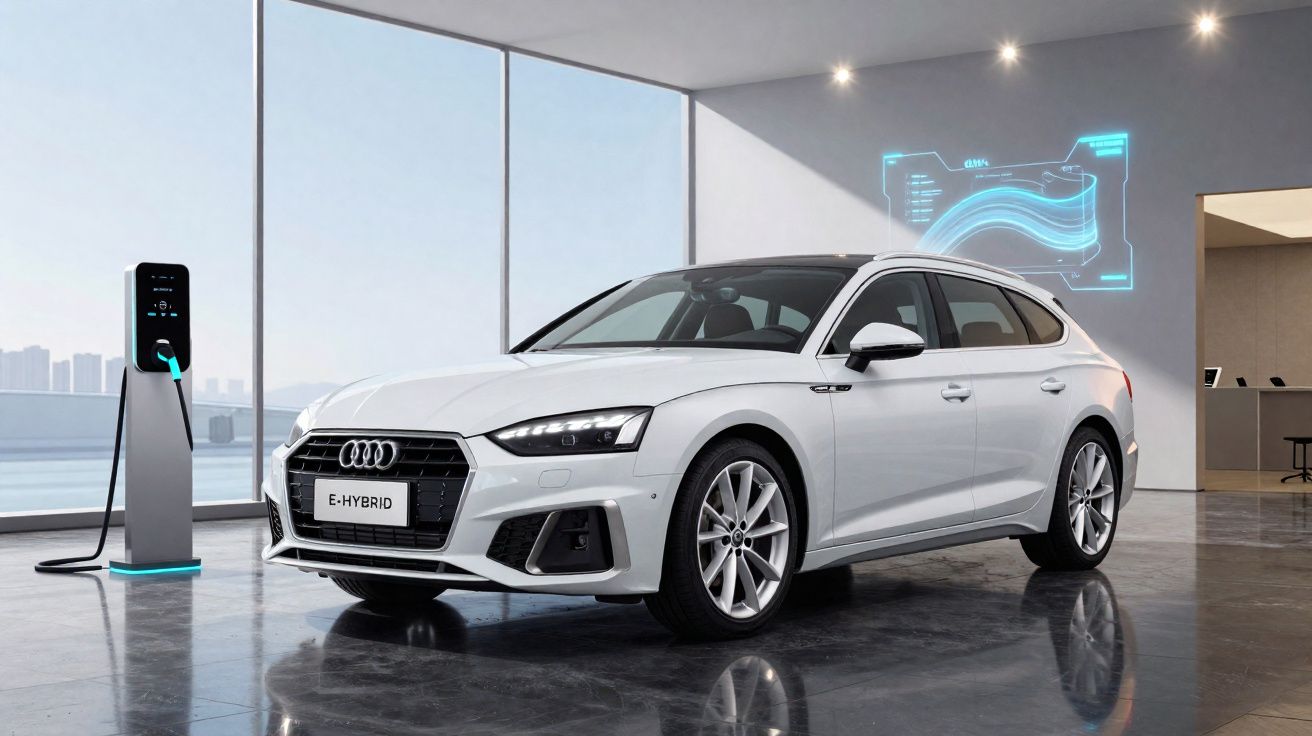 Carro Audi E-Hybrid branco em showroom moderno conectado a estação de recarga elétrica.