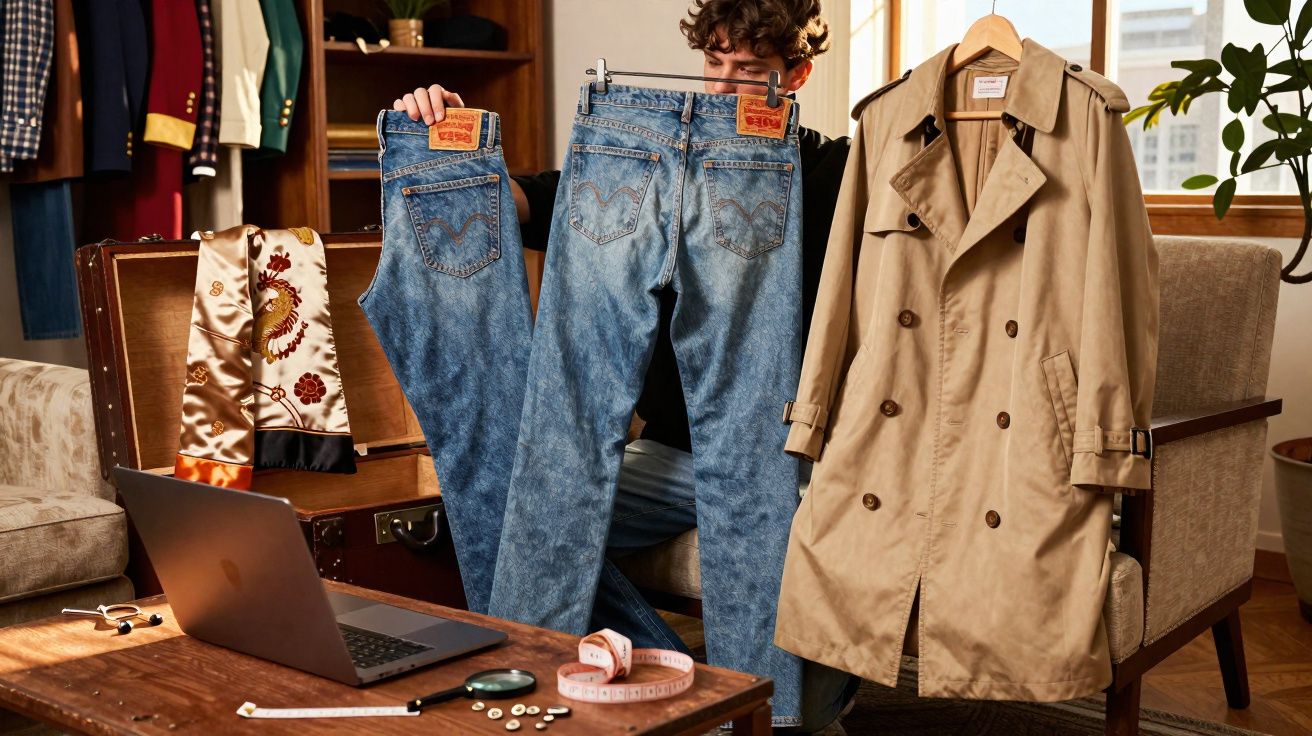 Pessoa segurando duas calças jeans azuis em um ambiente com roupas e acessórios para costura.