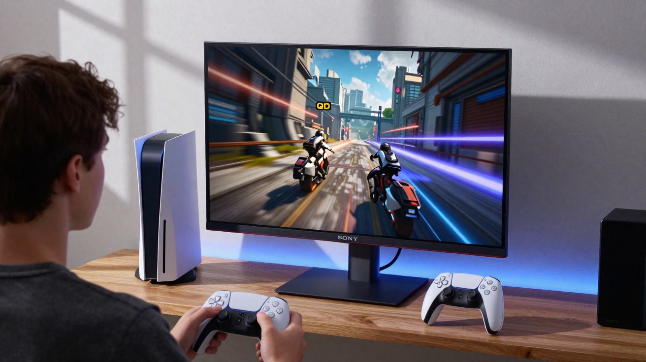 Pessoa jogando videogame de corrida com duas motos em tela de monitor com controle na mão e console ao lado