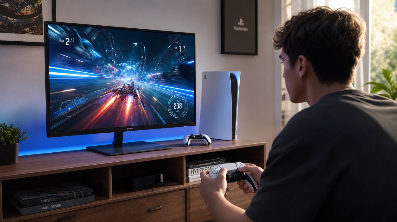 Jovem jogando videogame de corrida futurista em console PlayStation 5 na sala iluminada pela luz natural.