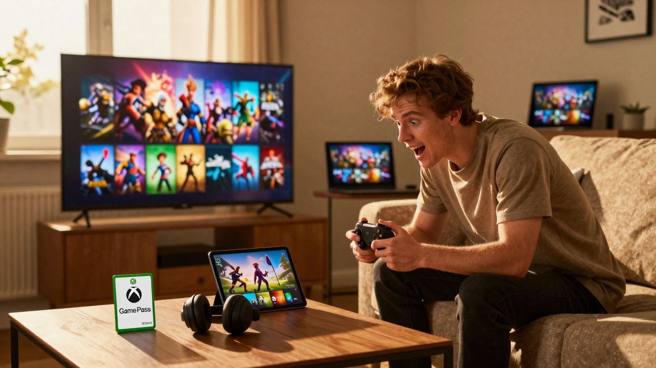 Homem animado jogando videogame com controle na mão em sala com vários dispositivos exibindo jogos.