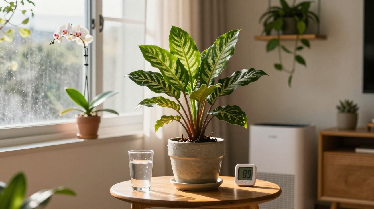 Planta em vaso sobre mesa com copo d’água e medidor digital, ao lado de janela com orquídea.
