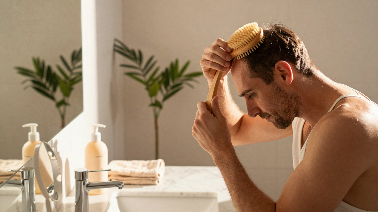 Homem penteando o cabelo com escova de madeira em banheiro claro e com plantas ao fundo.