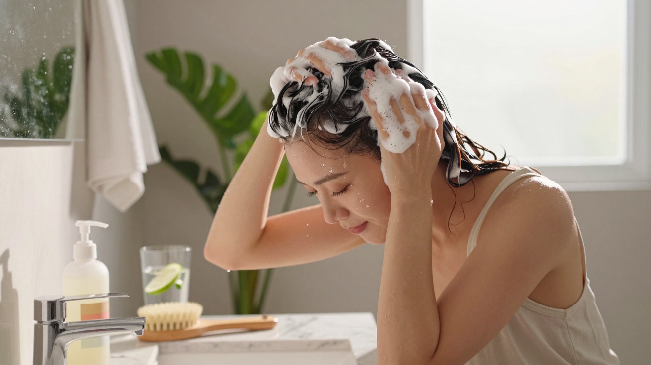 Mulher lavando o cabelo com shampoo, cabeça inclinada e espuma branca em banheiro iluminado.