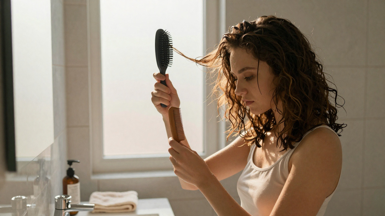 Mulher com cabelo cacheado penteando os fios em banheiro iluminado por luz natural.
