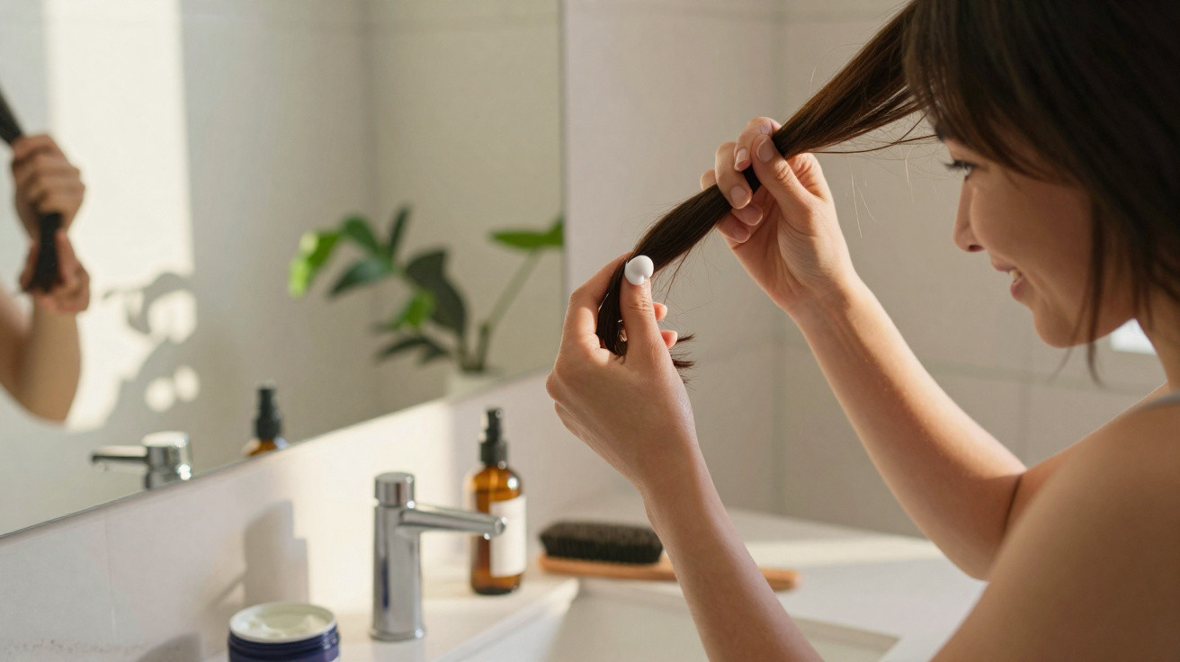 Mulher aplicando produto nas pontas do cabelo em banheiro com pia e espelho.