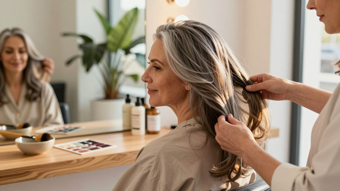 Mulher com cabelo grisalho sorrindo enquanto recebe tratamento capilar em salão de beleza.