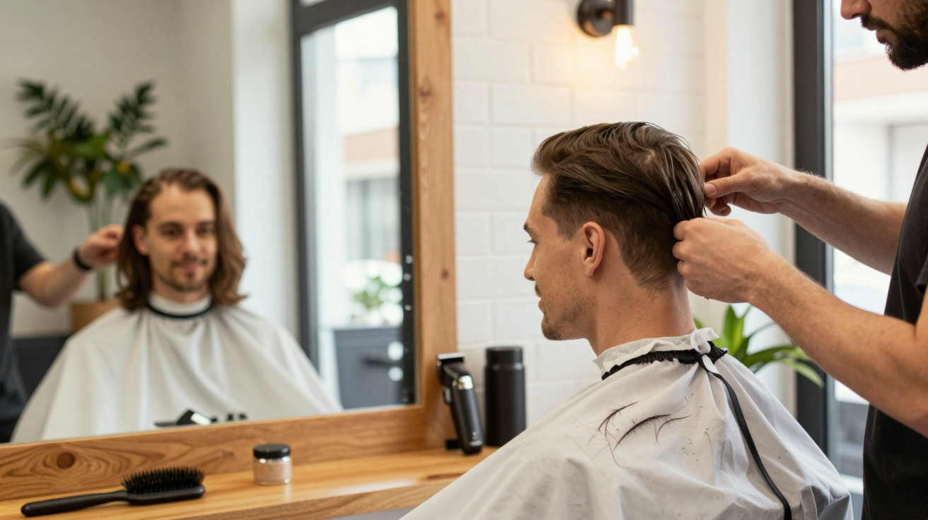 Homem cortando cabelo de outro homem em barbearia moderna com espelho e plantas ao fundo.