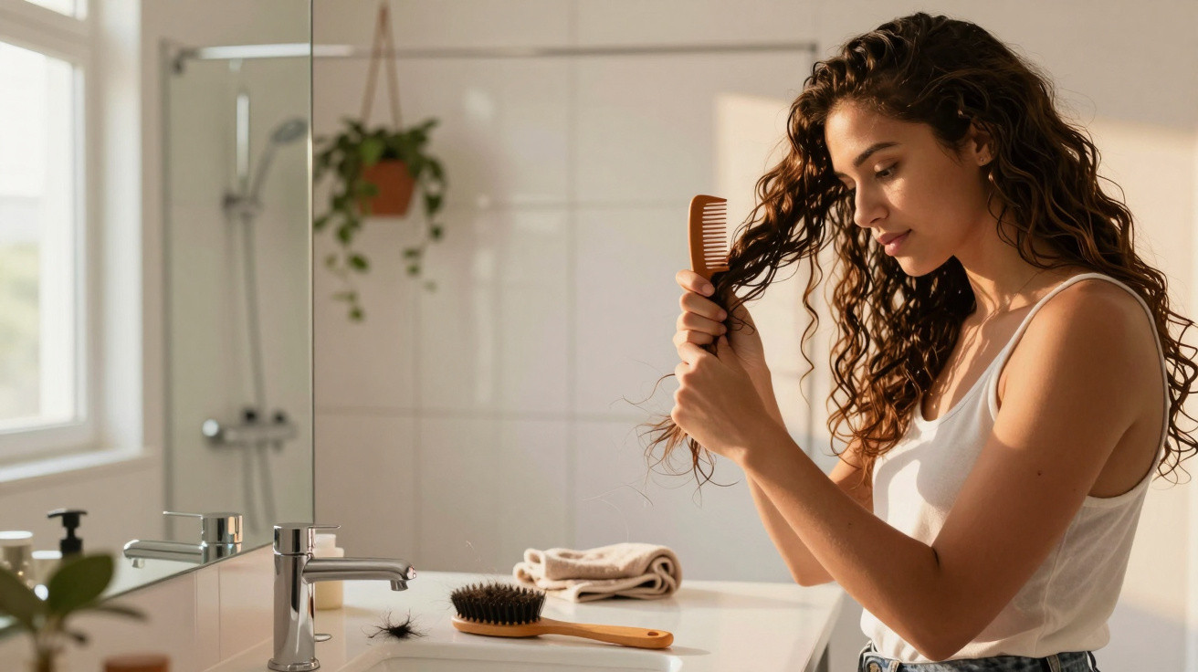 Mulher penteando cabelo cacheado em banheiro iluminado naturalmente com escova e toalha sobre pia branca.