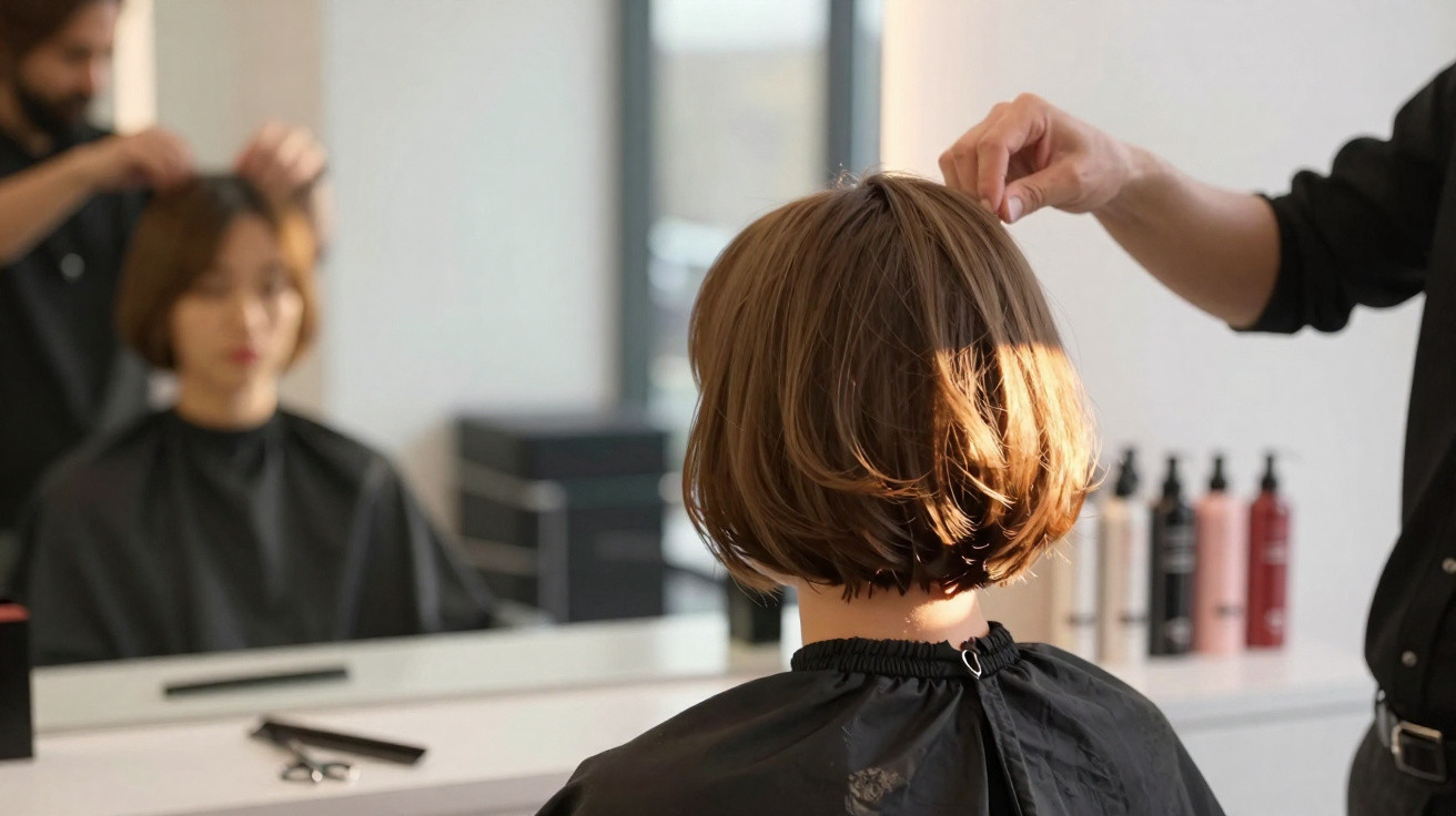Pessoa sentada em salão de beleza tendo cabelo curto arrumado por cabeleireiro.