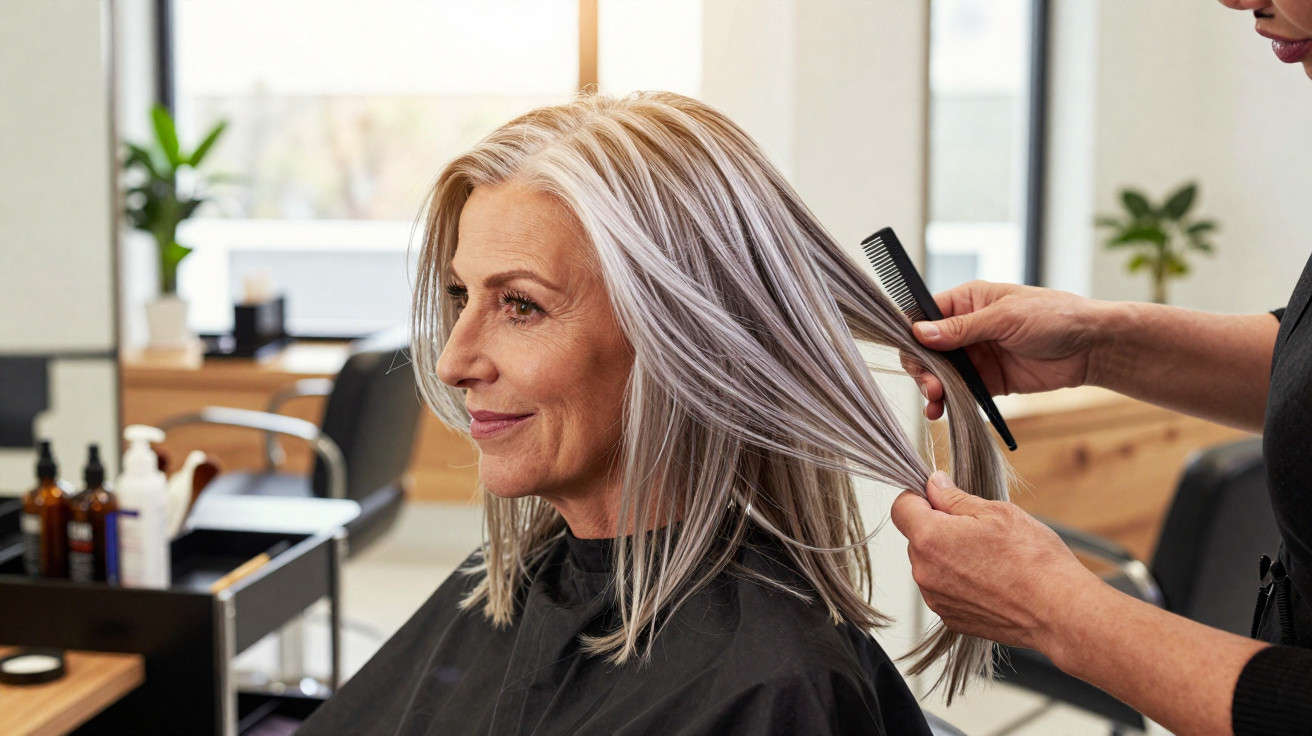 Mulher sorrindo enquanto cabeleireiro penteia seu cabelo grisalho em salão de beleza moderno.