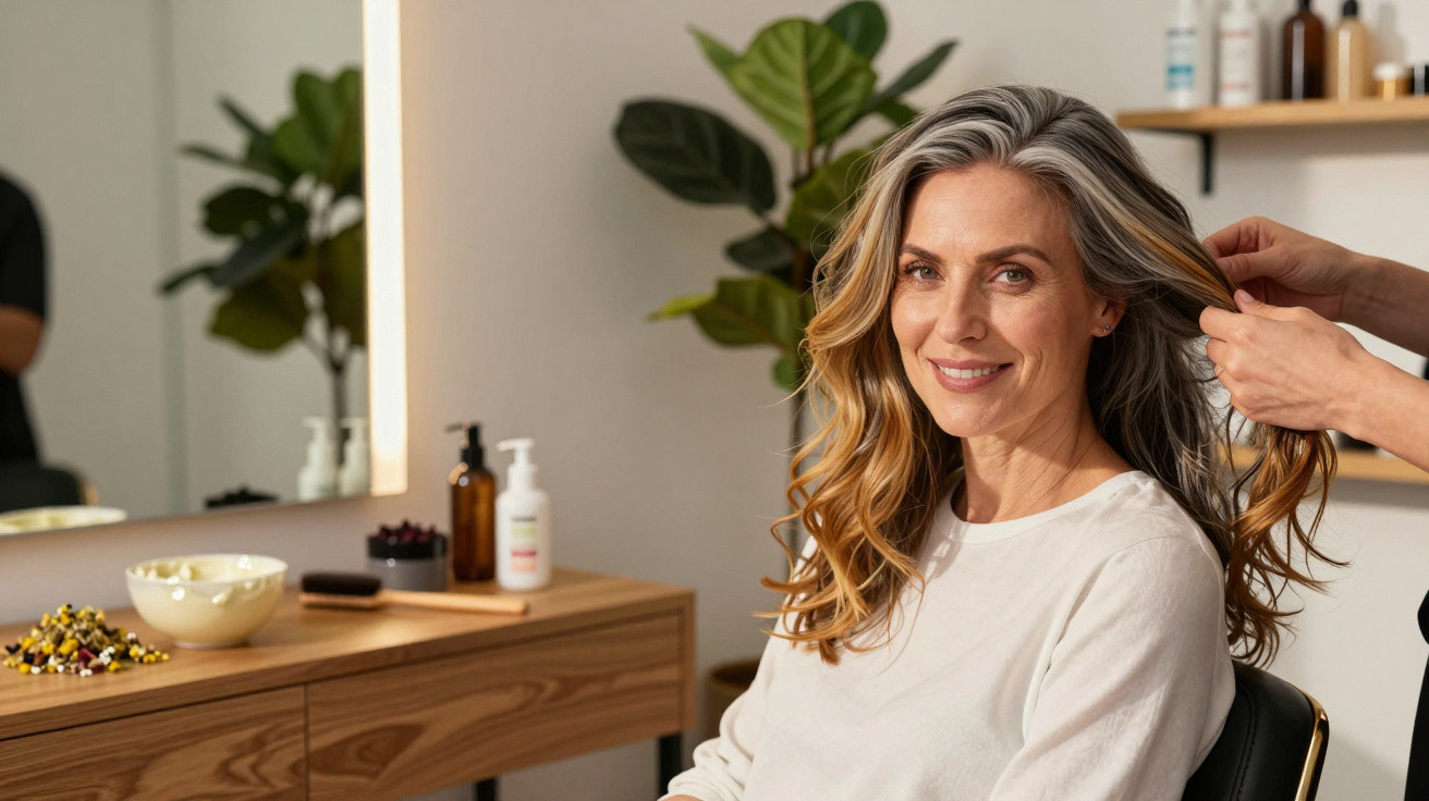 Mulher sorrindo enquanto recebe cuidados no cabelo em salão moderno com plantas ao fundo.