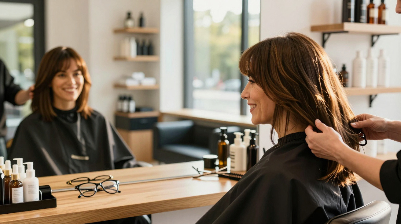 Mulher sorridente em cadeira de salão vendo seu cabelo sendo arrumado em frente ao espelho.