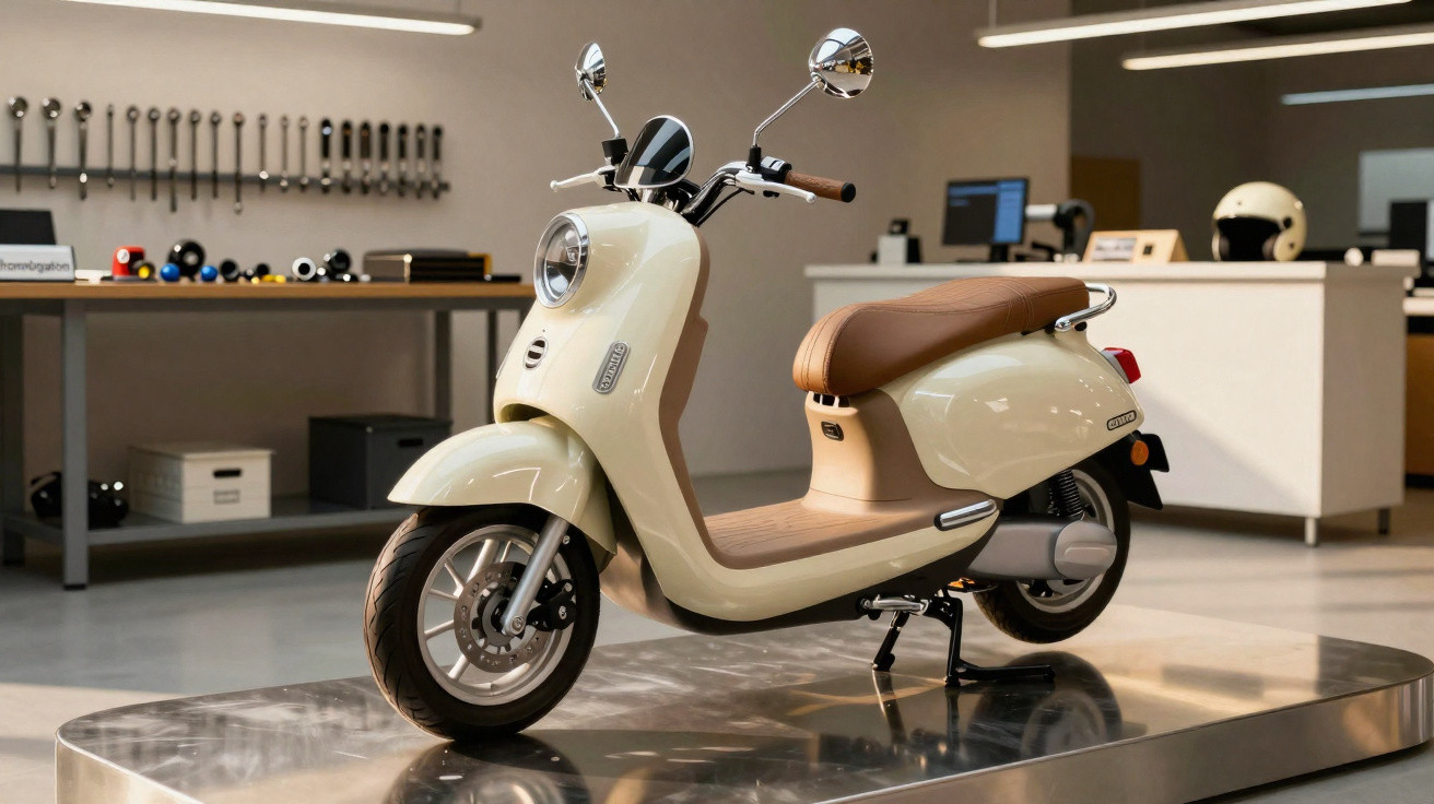 Motocicleta elétrica de design retrô na cor bege com assento marrom em ambiente interno moderno.