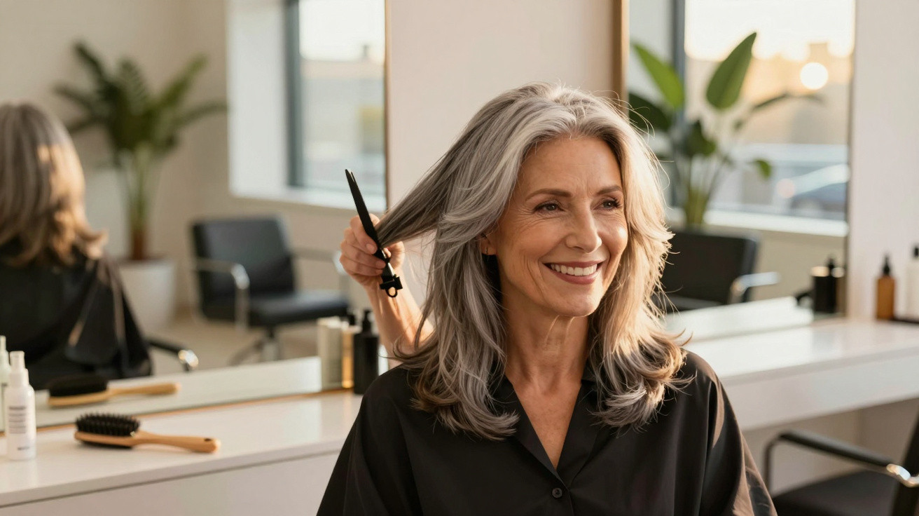 Mulher com cabelo grisalho sorridente recebendo penteado em salão de beleza moderno e iluminado.