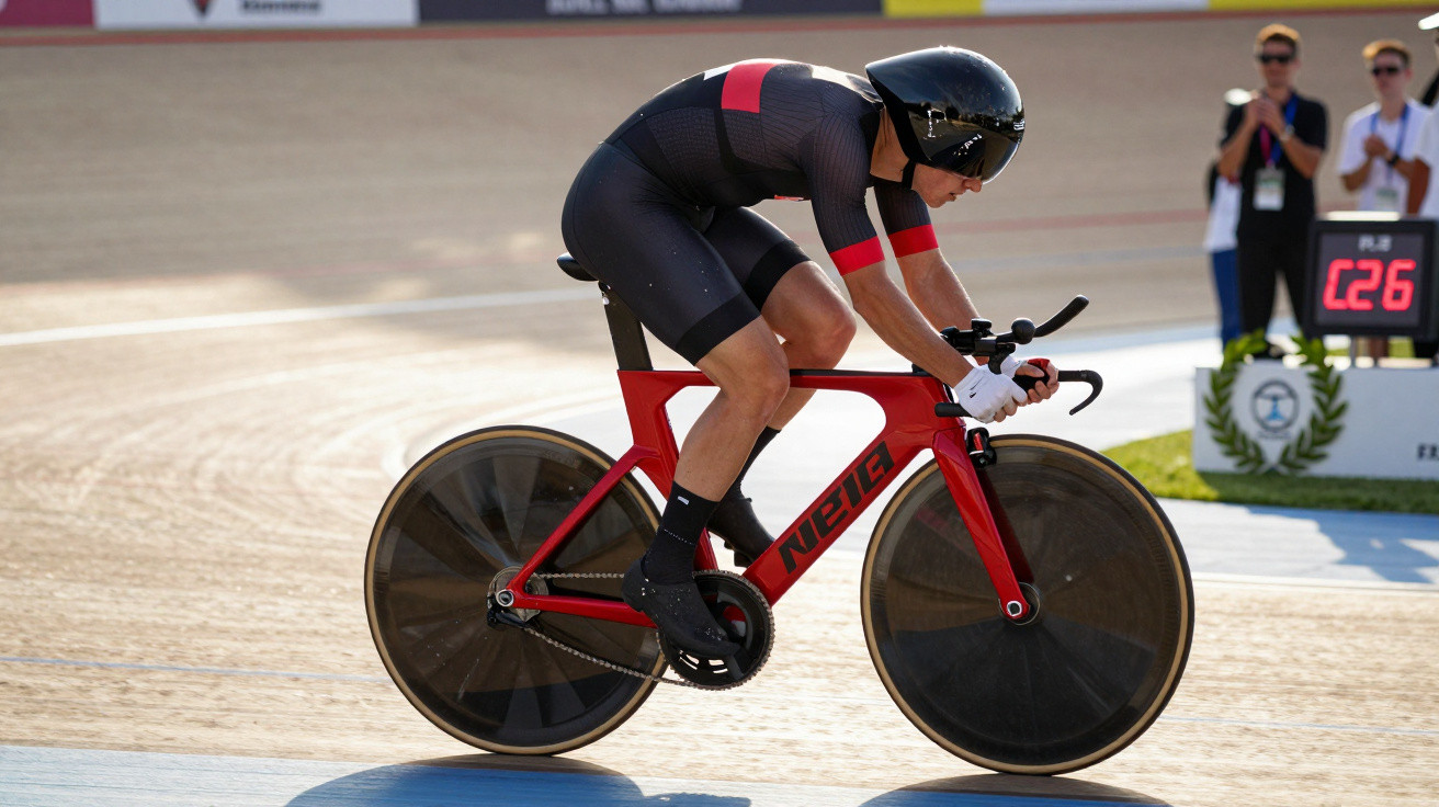 Ciclista vestido com roupa preta e vermelha competindo em pista de velocidade com bicicleta aero vermelha.