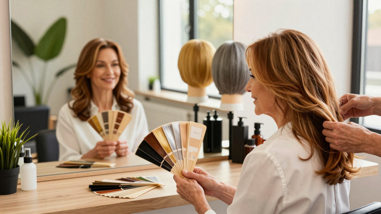Mulher escolhe cor de cabelo em salão com ajuda de profissional, segurando amostras de coloração.