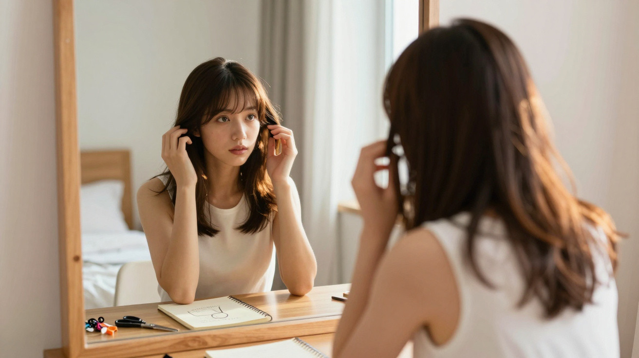 Mulher jovem observando seu reflexo no espelho enquanto ajeita o cabelo sentada à mesa com caderno.