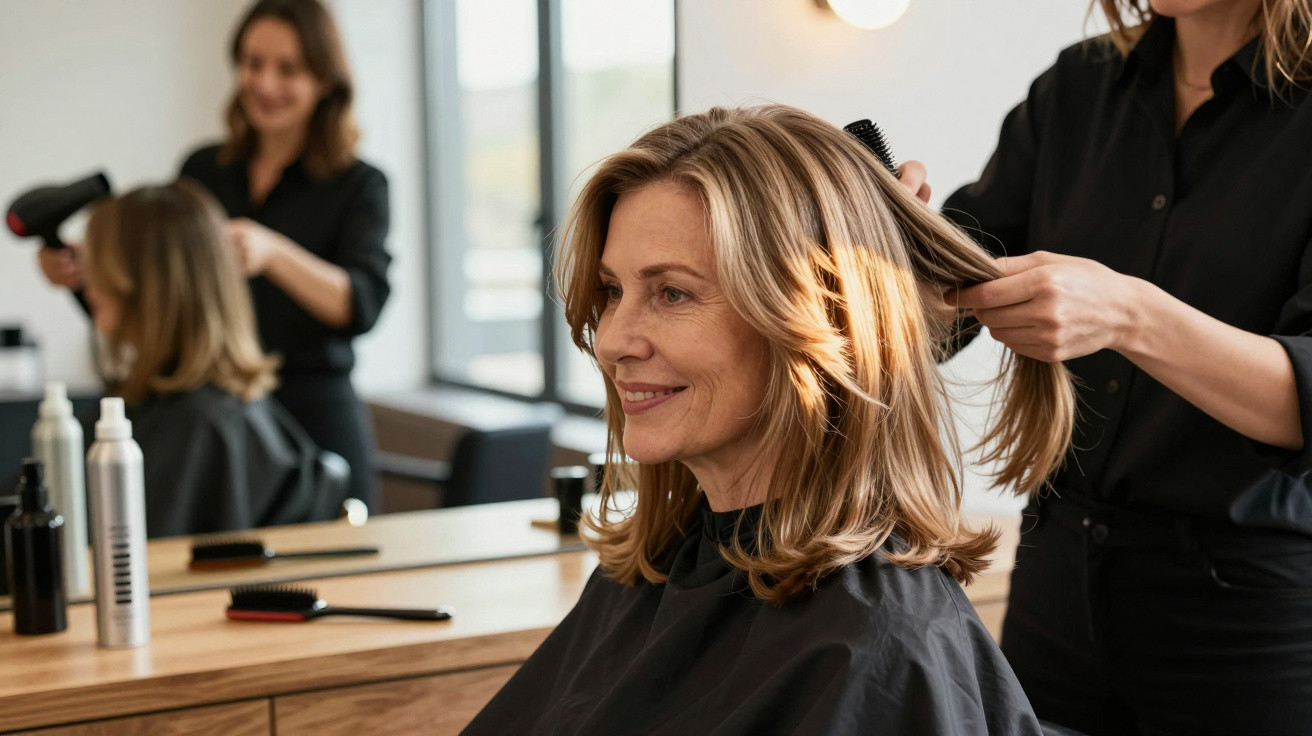 Mulher sorrindo fazendo cabelo em salão moderno com cabeleireira penteando seus fios loiros.