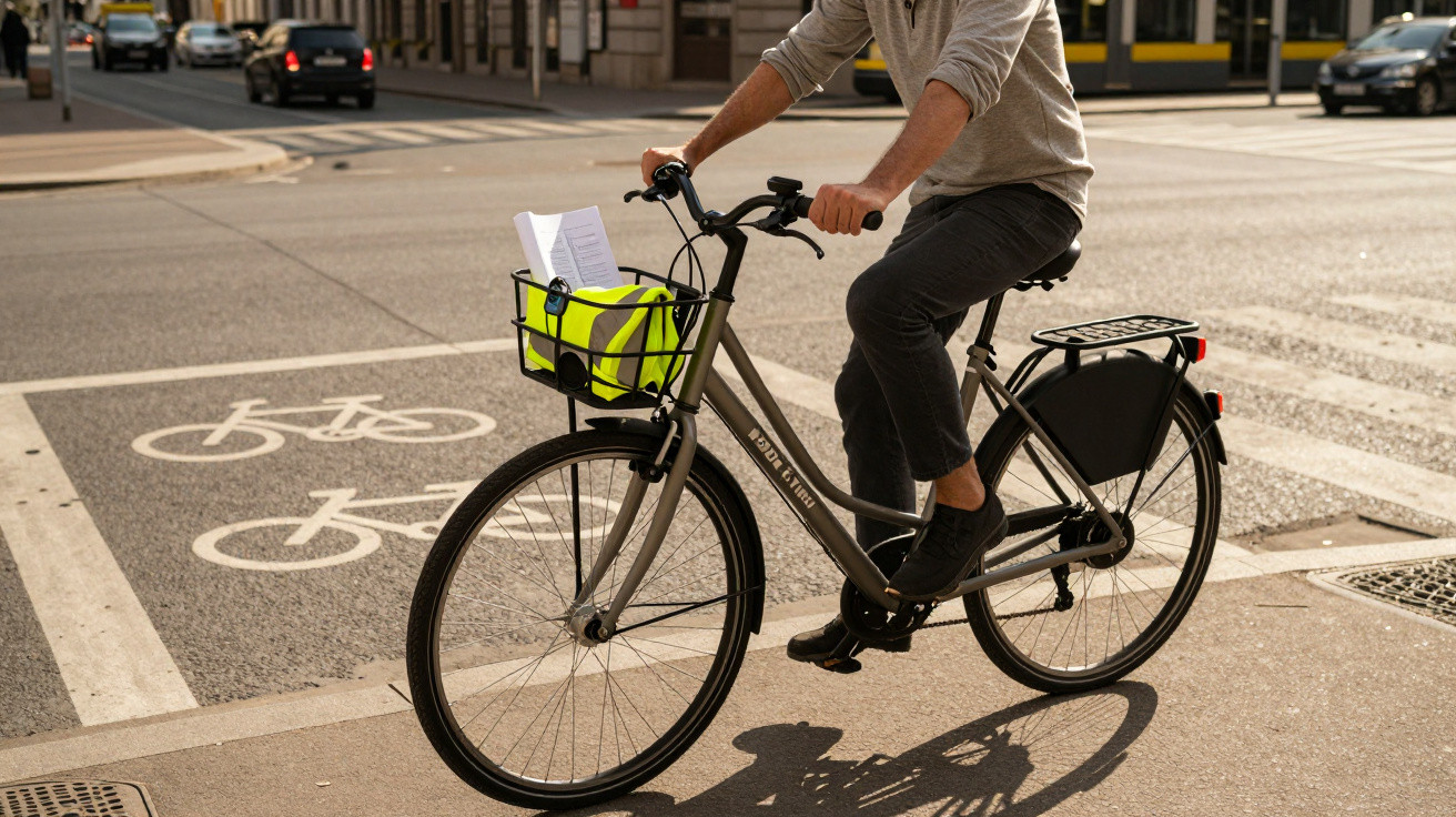 Pessoa andando de bicicleta por faixa exclusiva para ciclistas em área urbana.