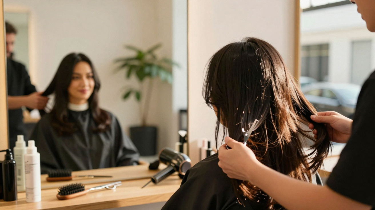 Mulher sentada em salão de beleza tendo cabelo cortado por cabeleireiro na frente do espelho.