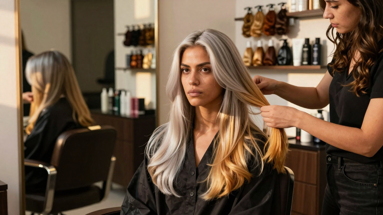 Mulher com cabelo meio platinado e meio loiro sentada em salão de beleza enquanto cabeleireira ajeita seus fios.