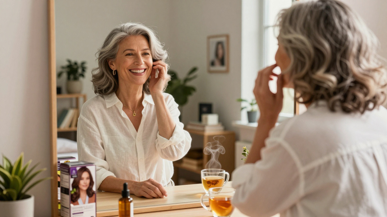 Mulher madura sorridente olhando no espelho, sentada à mesa com chá quente e produtos de beleza.