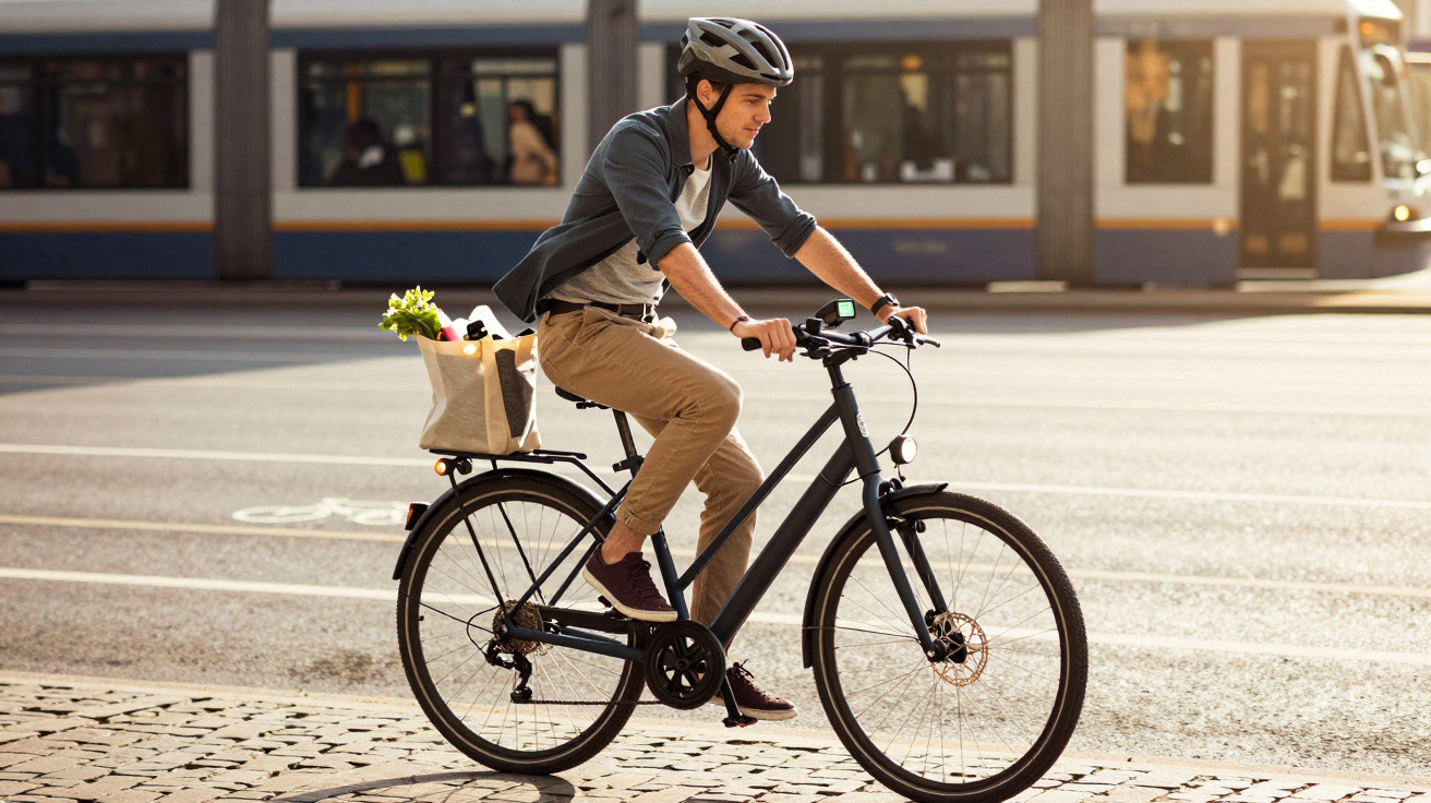 Homem usando capacete andando de bicicleta com cesta de compras na ciclovia, ao lado de bonde em cidade.