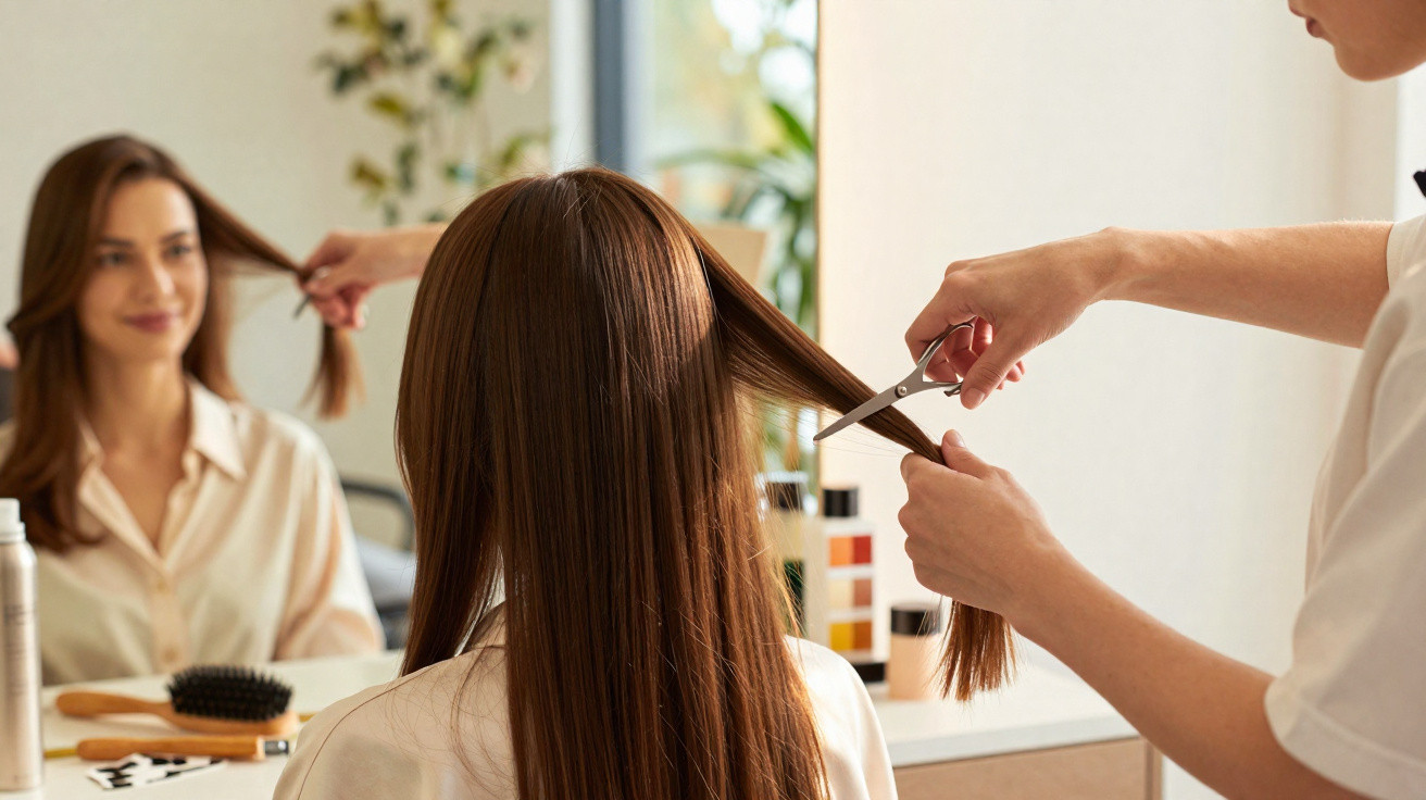 Cabeleireiro cortando o cabelo longo de mulher sentada diante de espelho em salão.