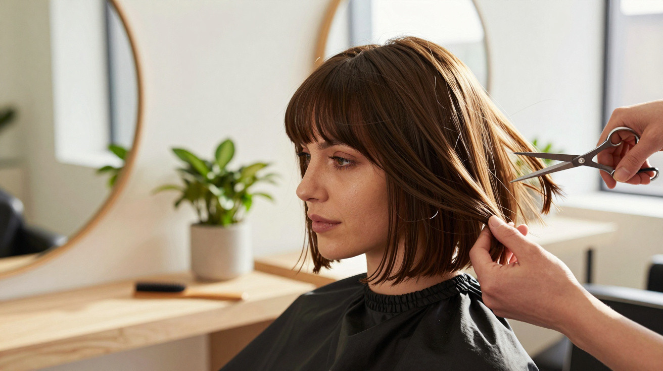 Mulher recebendo corte de cabelo curto em salão com espelho e planta ao fundo.