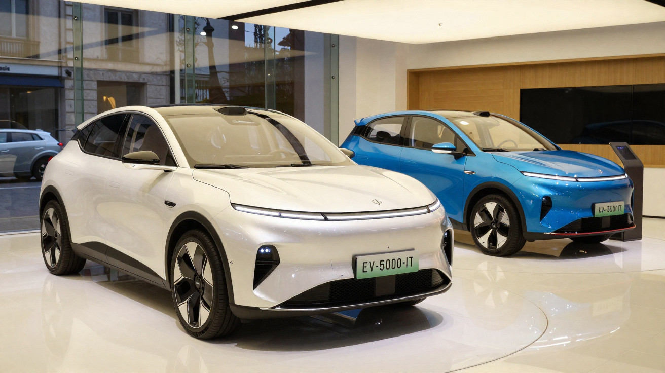 Dois carros elétricos modernos, um branco e um azul, exibidos em showroom com piso branco e paredes de vidro.