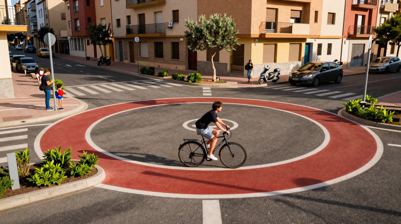 Pessoa andando de bicicleta em rotatória circular vermelha em área urbana com prédios e pedestres.
