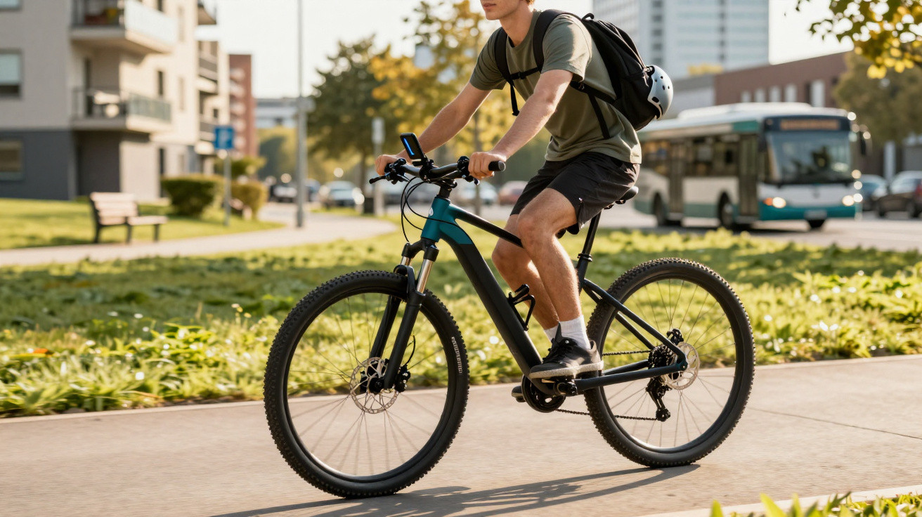 Jovem pedalando bicicleta preta com mochila em avenida urbana com ônibus e árvores ao fundo.
