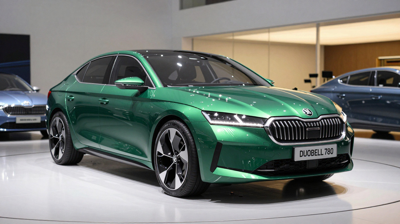 Carro verde metálico Skoda Duobell 780 exibido em estande interno de showroom.