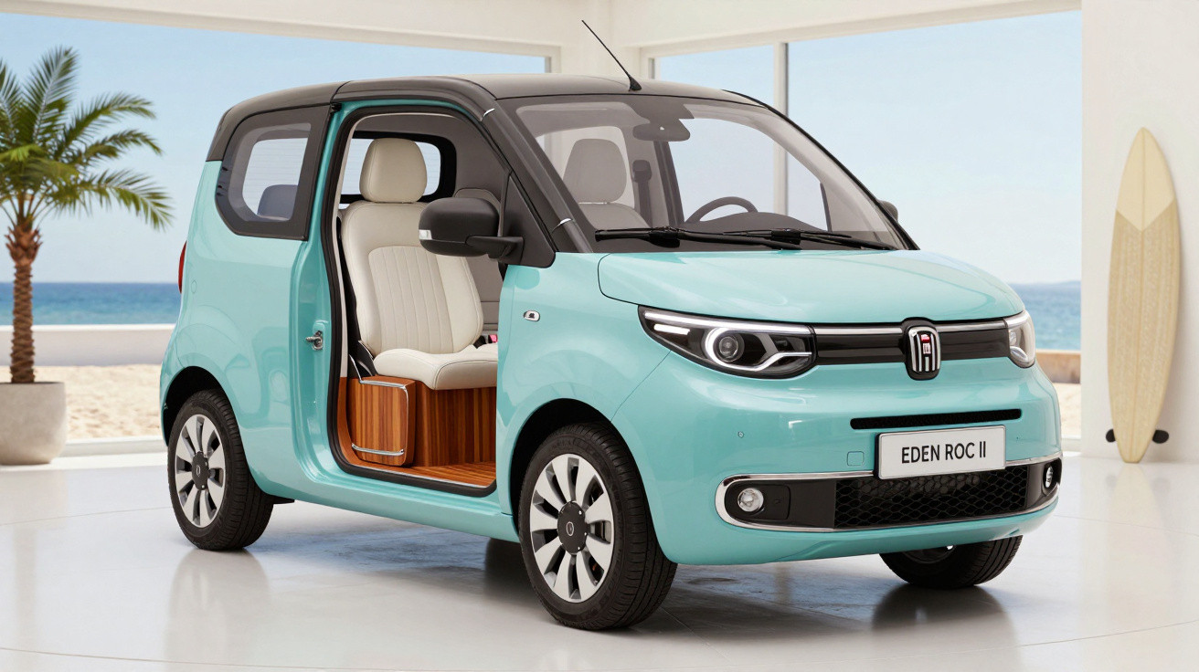 Carro elétrico compacto azul claro com portas abertas em ambiente interno com vista para a praia.