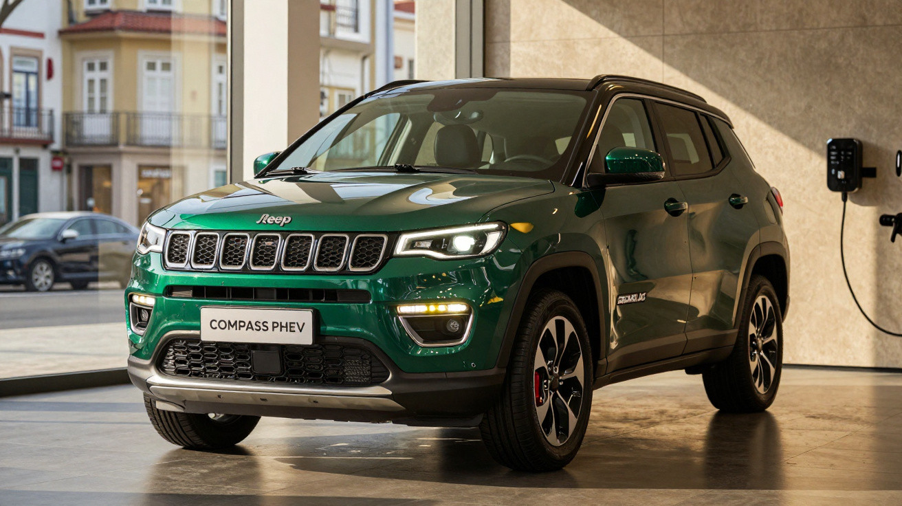 Jeep Compass PHEV verde estacionado em showroom com parede bege e janela grande ao fundo.