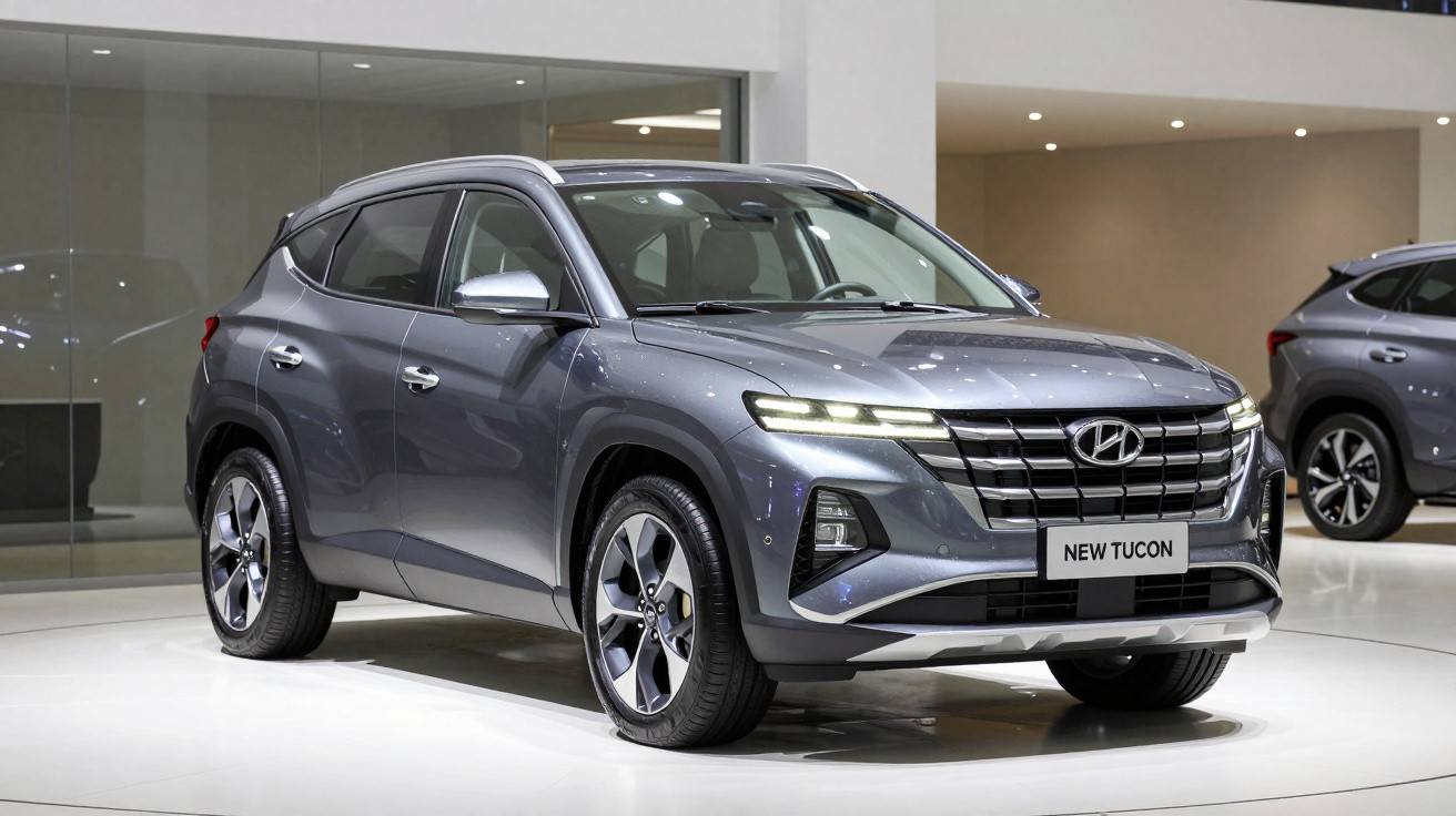 SUV Hyundai New Tucson cinza em exposição sob iluminação interna.