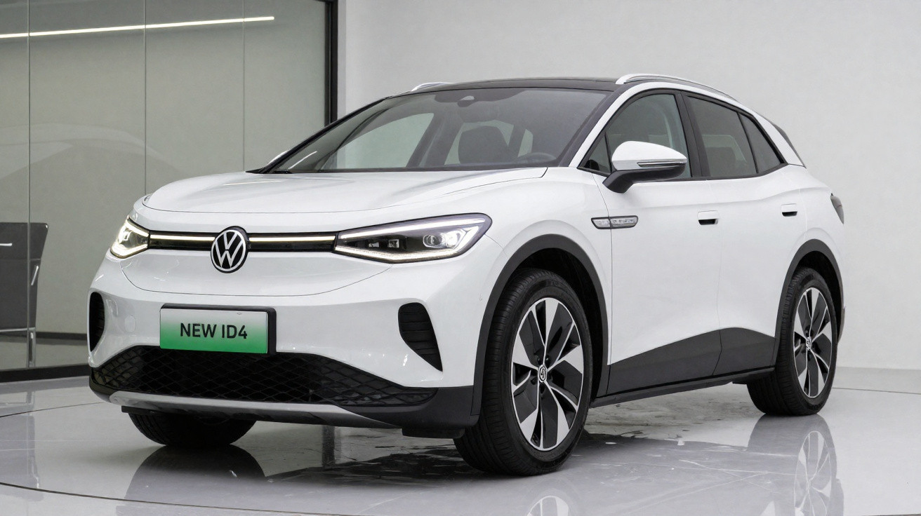 Carro elétrico Volkswagen ID.4 branco em estúdio, vista frontal em ângulo.