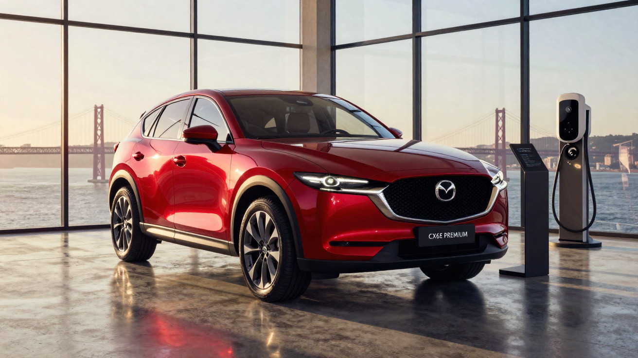 Carro vermelho Mazda CX-60 Premium estacionado em salão com carregador elétrico e vista para ponte ao fundo.
