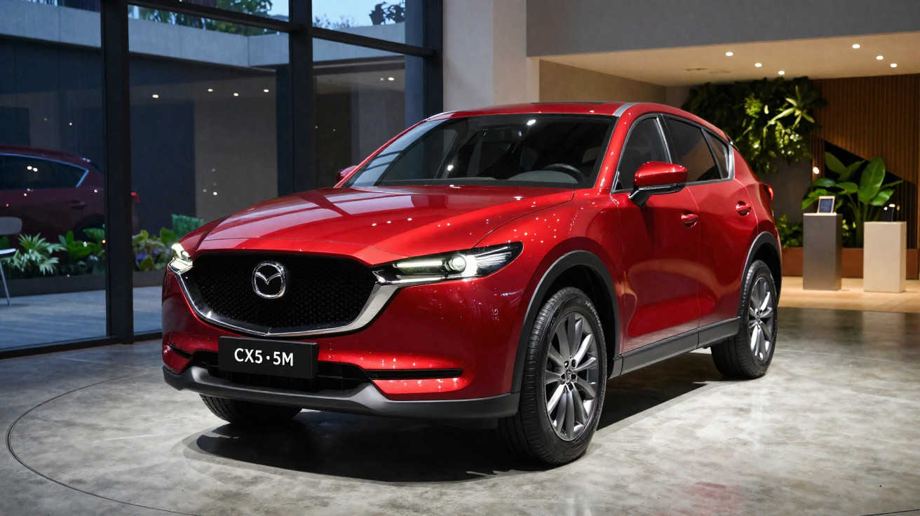 Carro SUV Mazda CX-5 vermelho em exposição interna com iluminação destacando o veículo.
