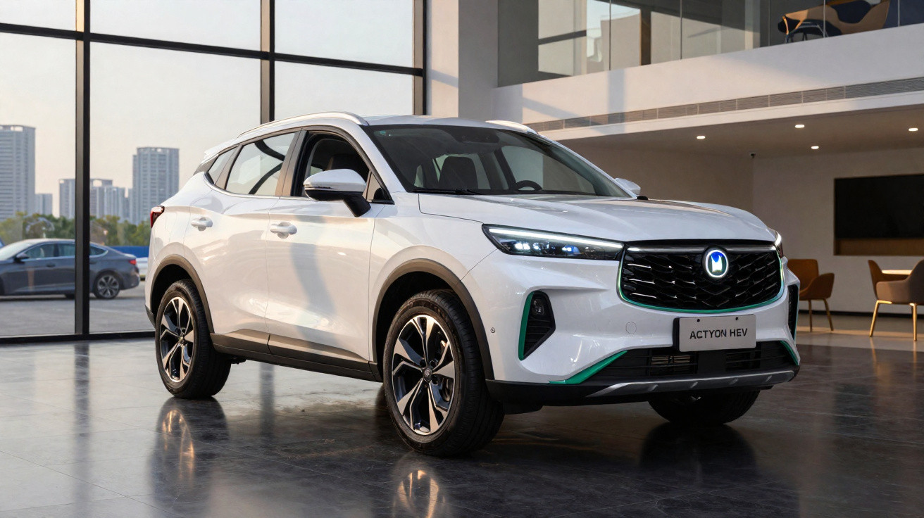 SUV branco Changan Actyon HEV estacionado em ambiente interno moderno com grandes janelas de vidro.