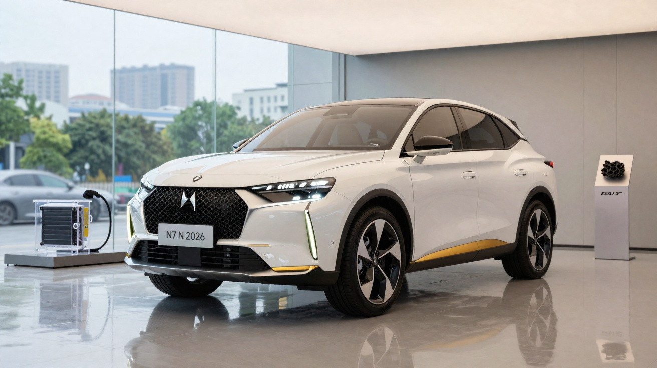 Carro SUV branco elétrico DS7 futurista exibido em showroom moderno com piso brilhante e parede de vidro.