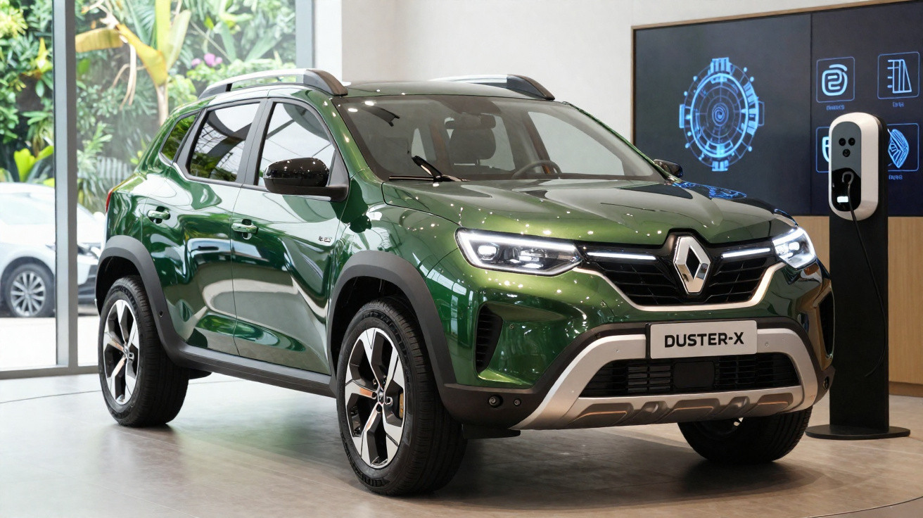 Carro SUV verde Renault Duster-X exibido em showroom com carregador elétrico ao lado.