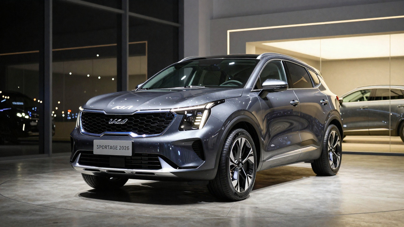SUV cinza Kia Sportage 2026 exibido em ambiente interno moderno com piso de concreto polido.