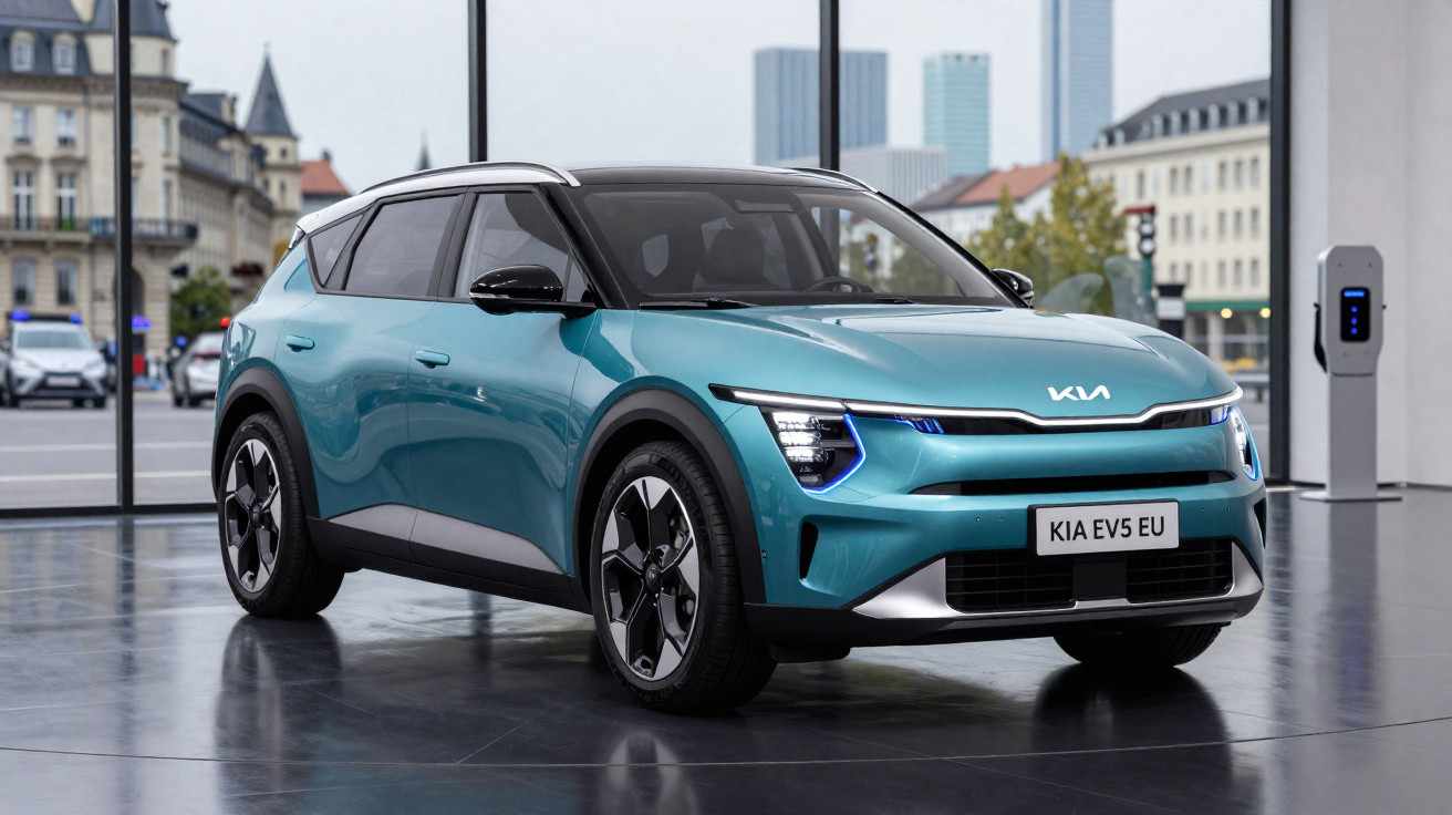 Carro elétrico Kia EV5 azul em exposição, com arquitetura urbana ao fundo.