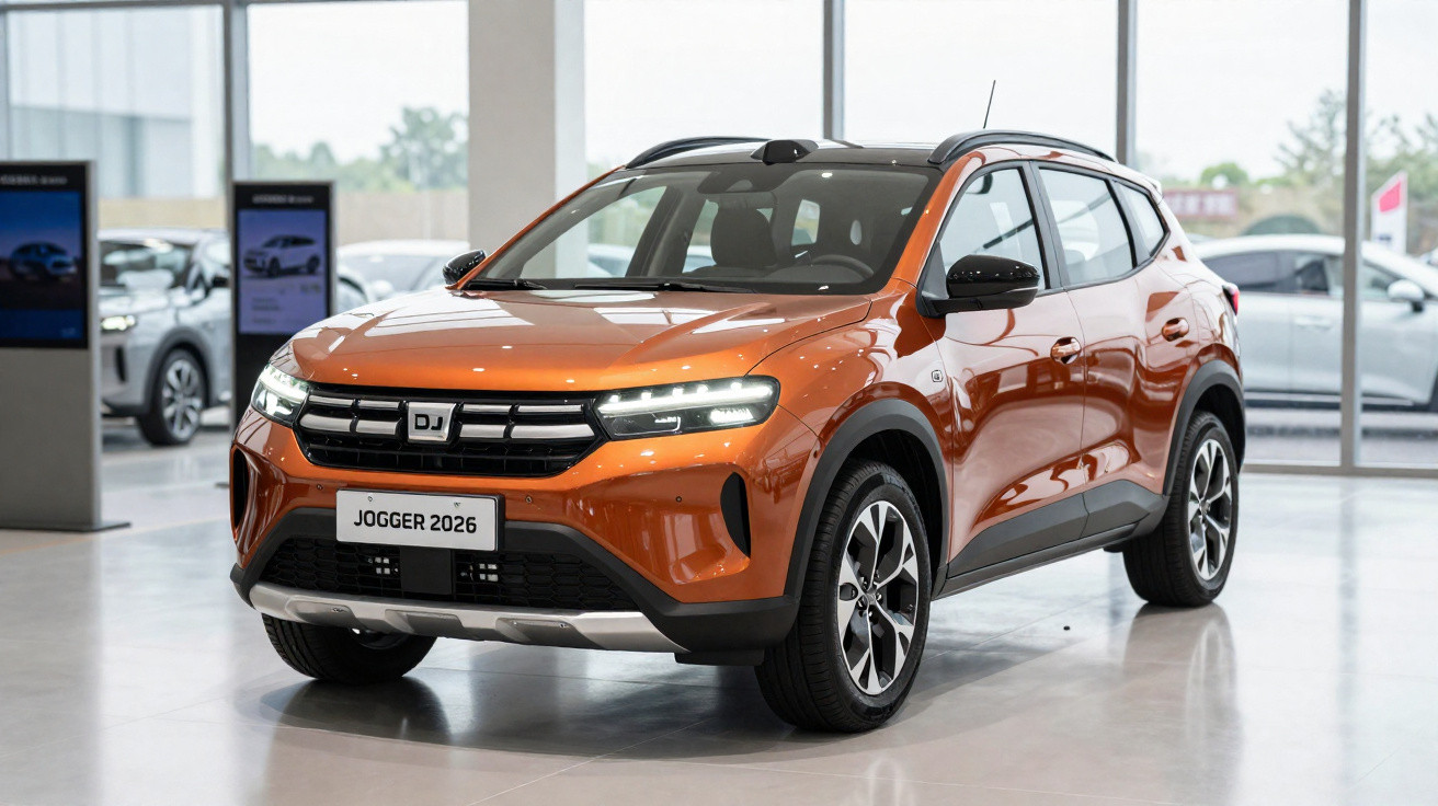SUV Dacia Jogger 2026 laranja exibido em showroom com iluminação natural e piso branco.