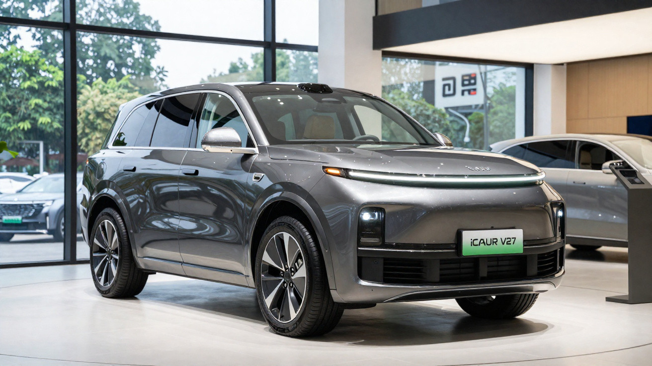 SUV elétrico cinza iCAUR V27 exposto em showroom moderno com grandes janelas e piso branco.