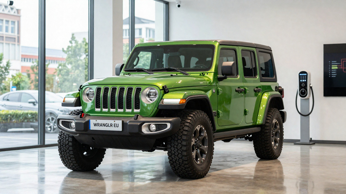 Jeep Wrangler verde estacionado em showroom moderno com carregador elétrico na parede ao fundo.